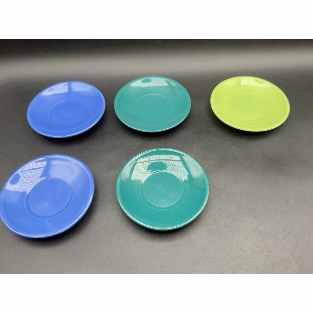5 Small Ceramic Saucers Blue Teal Lime Green Mixed Color Lot Cups Not Included